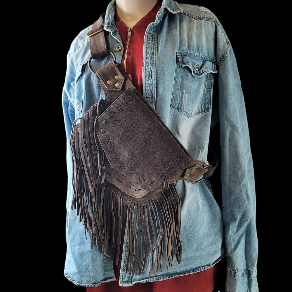 2025Genuine LeatherFestival Cow Girl Pocket Belt | Hip bag with Fringe Coffee…